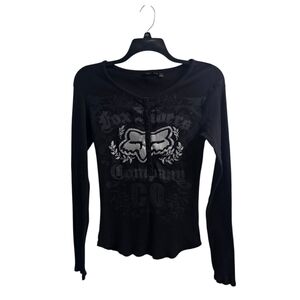 Fox Racing Vintage y2k Black Silver Long Sleeve Ribbed Henley Top Large